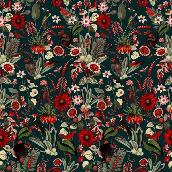 Papier peint à motifs floraux, ambiance rétro et colorée